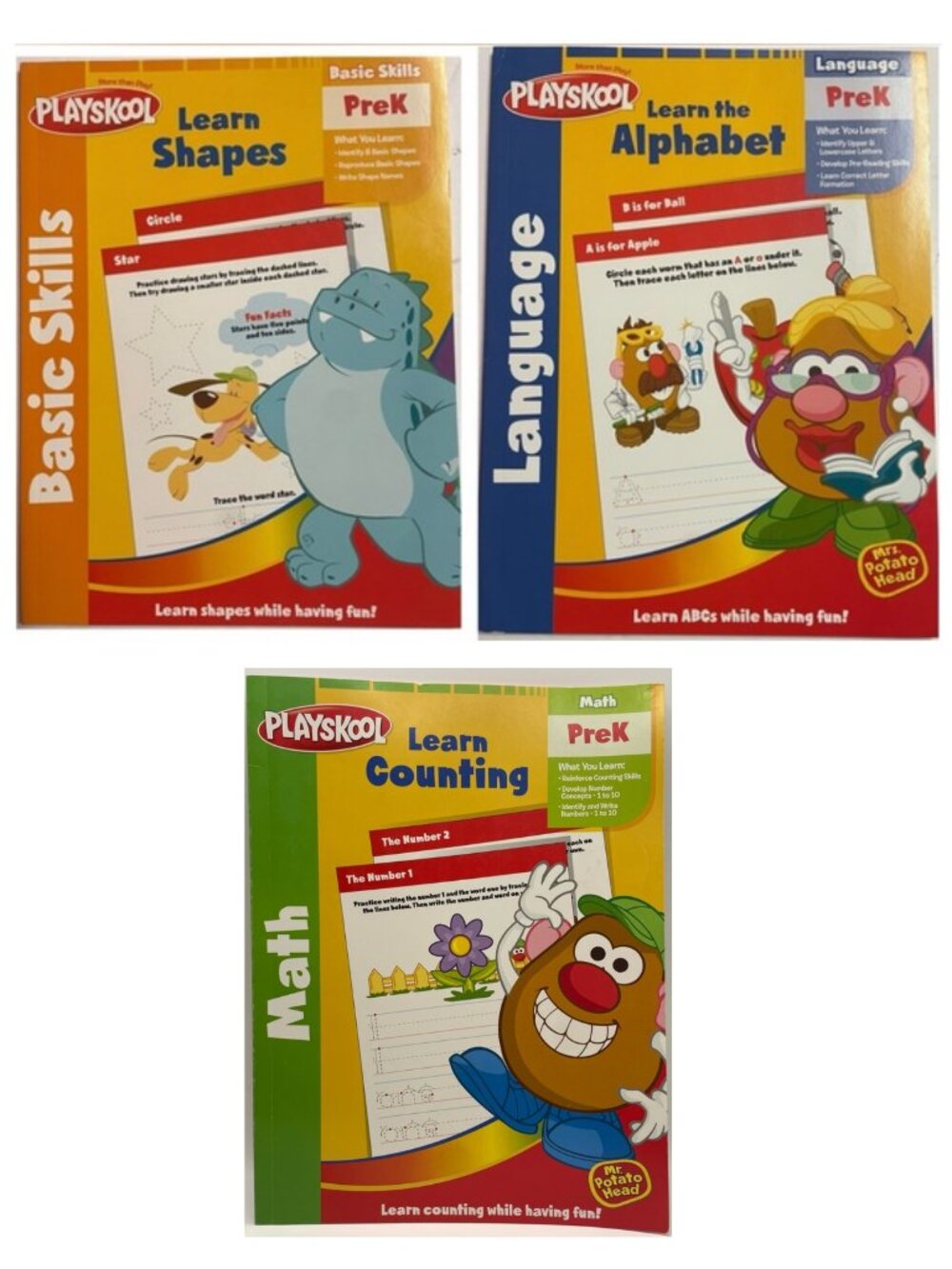 Playskool PreK Workbooks Mrs. Potato Head Alphabet/Shapes/Math Set of 3 books